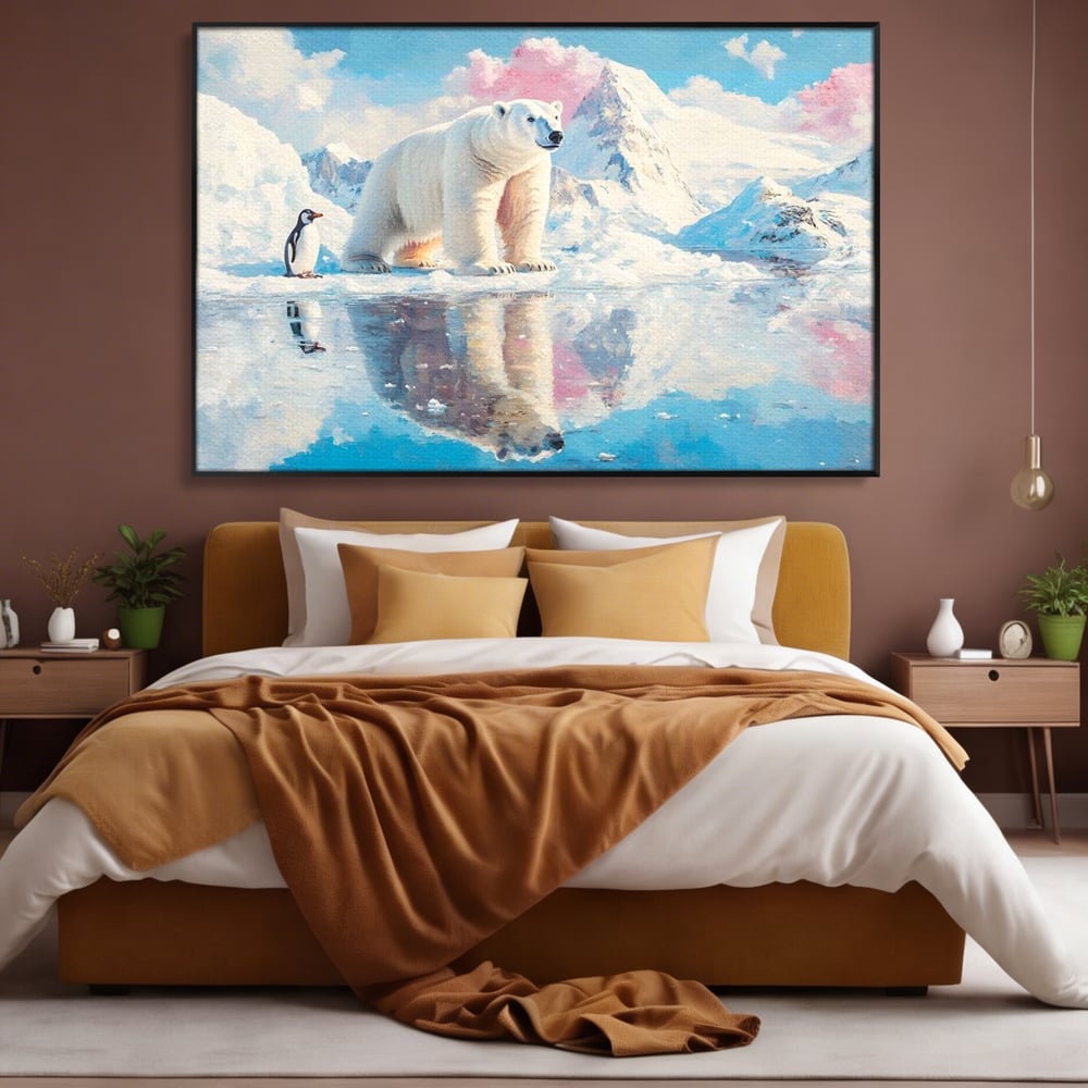 Tablou canvas cu tablou cu urs polar si pinguin pe ghetar, in rama de aluminiu negru, pe perete intr-un dormitor